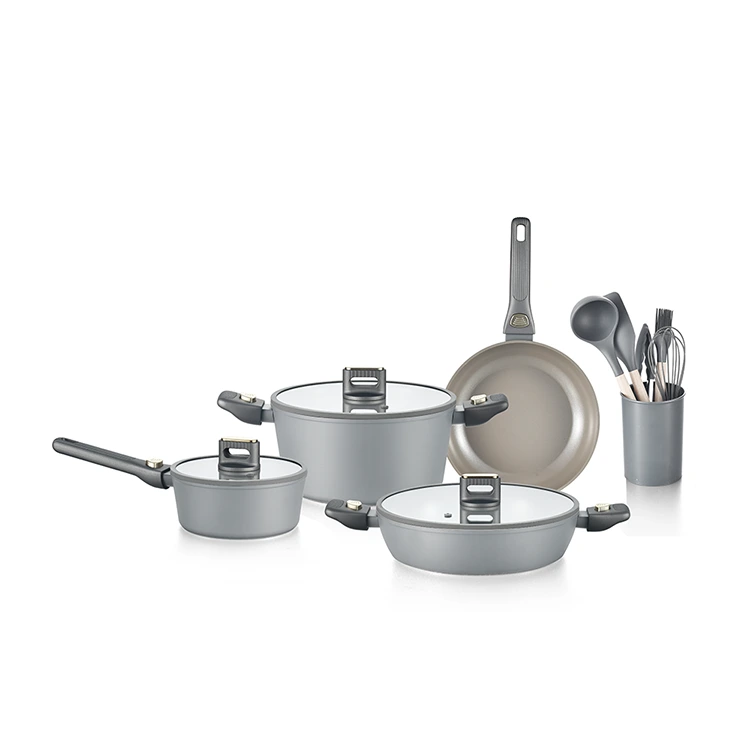 Set di pentole in ceramica grigia con manico staccabile
