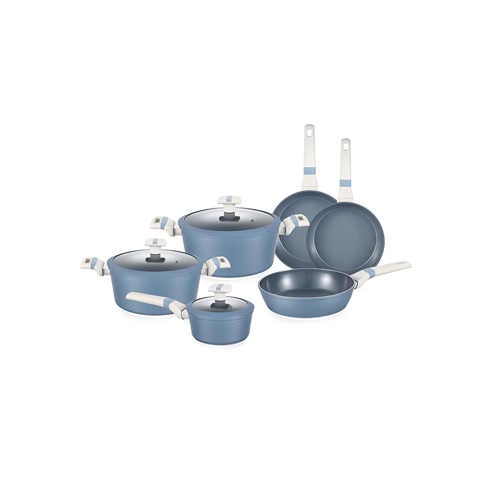 Set di pentole antiaderenti in alluminio forgiato di colore blu sirena con design brevettato